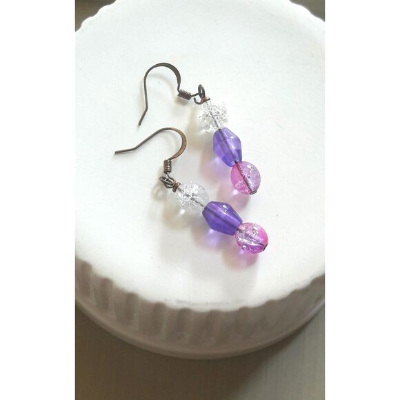 boho earrings 357#mfs Purple pink pastel earrings crackle glass bead linear cute - Picture 2 of 5